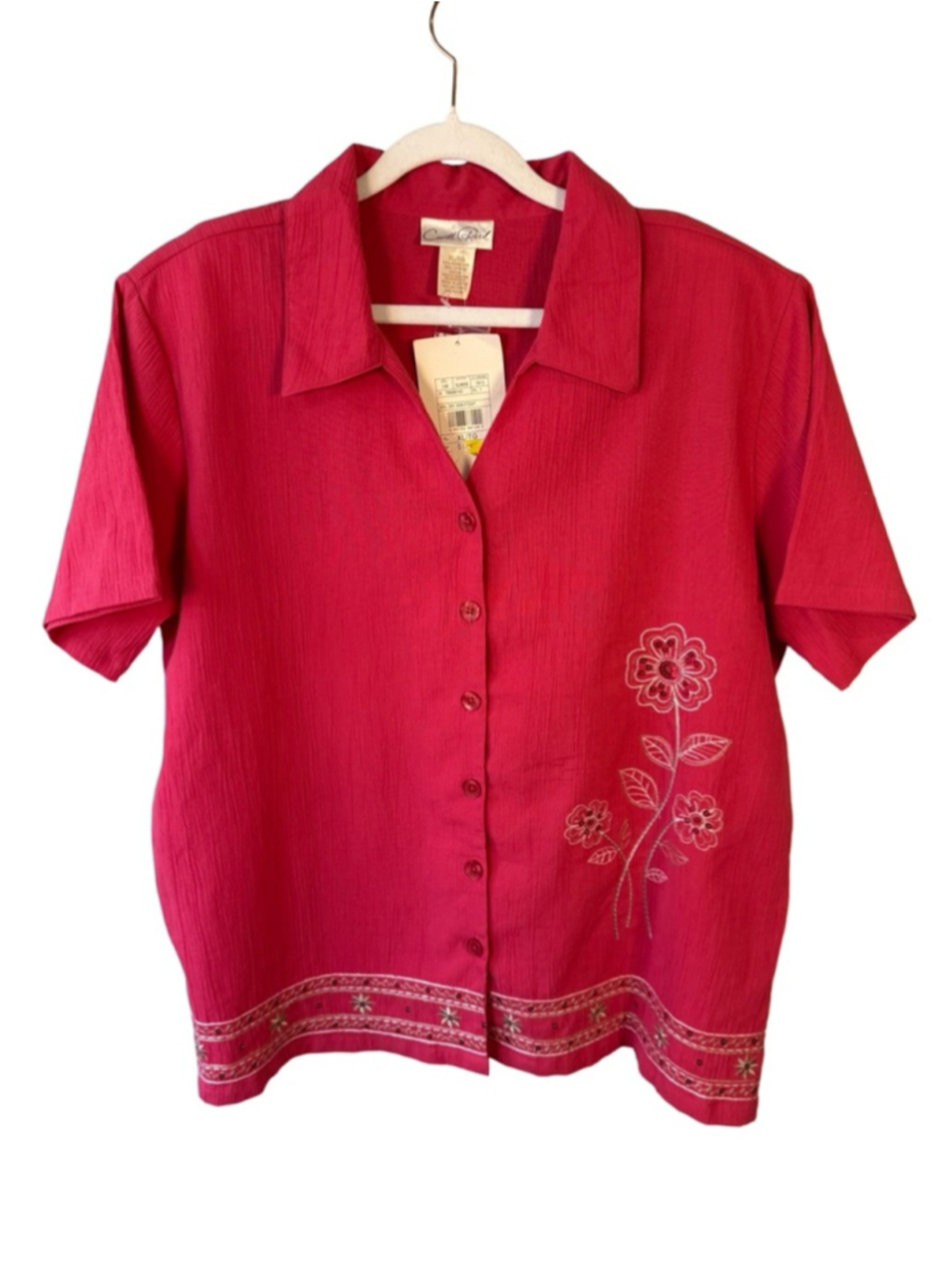 Carol Reed Short Sleeve Button-Up Embroidered Blouse - Red Size XL Boho